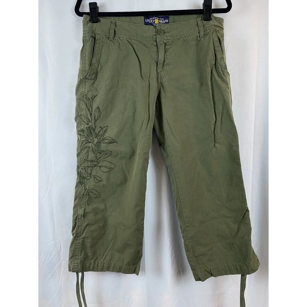 Lucky Brand Olive Green Cropped Cargo Pants with Side Leaf Embroidery